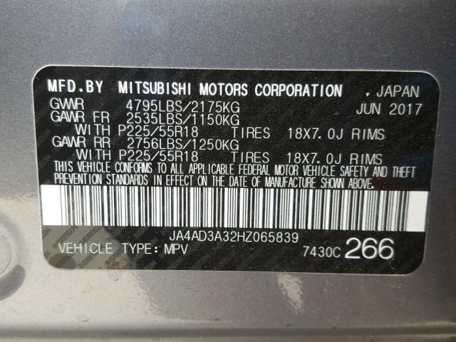 JA4AD3A32HZ065839 - 2017 MITSUBISHI OUTLANDER GRAY photo 10