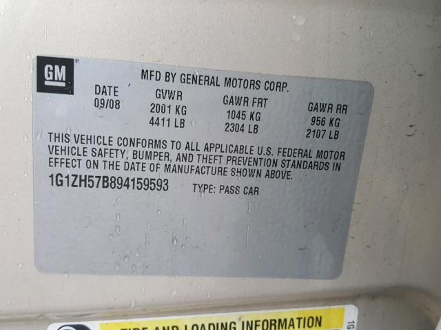 1G1ZH57B894159593 - 2009 CHEVROLET MALIBU 1LT GOLD photo 10