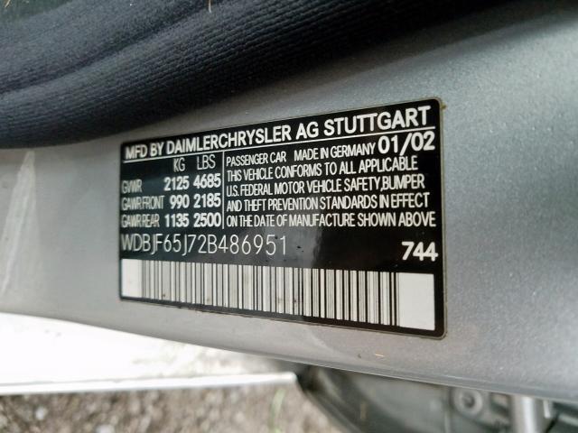 WDBJF65J72B486951 - 2002 MERCEDES-BENZ E 320 GRAY photo 10