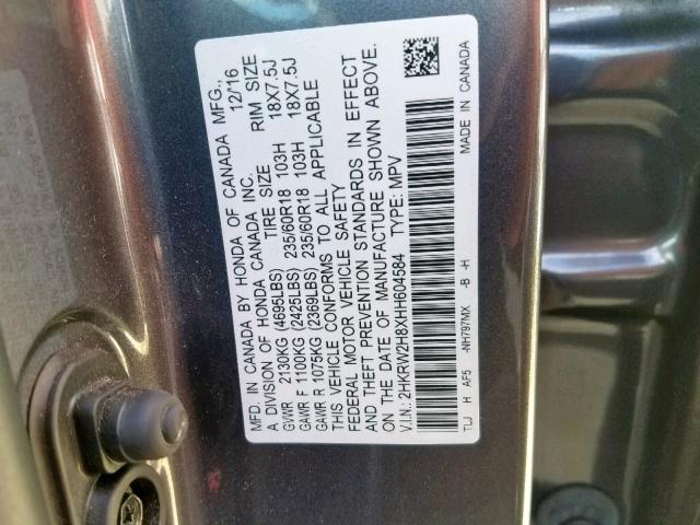 2HKRW2H8XHH604584 - 2017 HONDA CR-V EXL GRAY photo 10