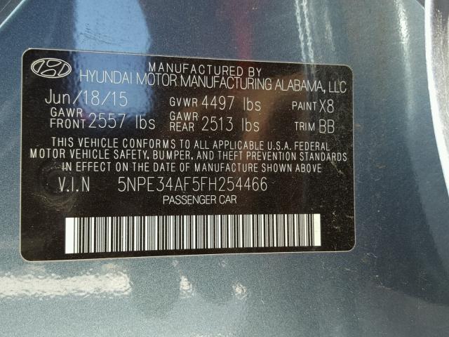 5NPE34AF5FH254466 - 2015 HYUNDAI SONATA SPO BLUE photo 10