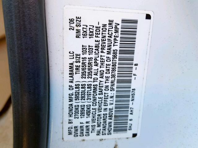 5FNRL38786B075685 - 2006 HONDA ODYSSEY EX WHITE photo 10