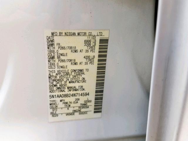 5N1AA08B24N714594 - 2004 NISSAN ARMADA SE WHITE photo 10