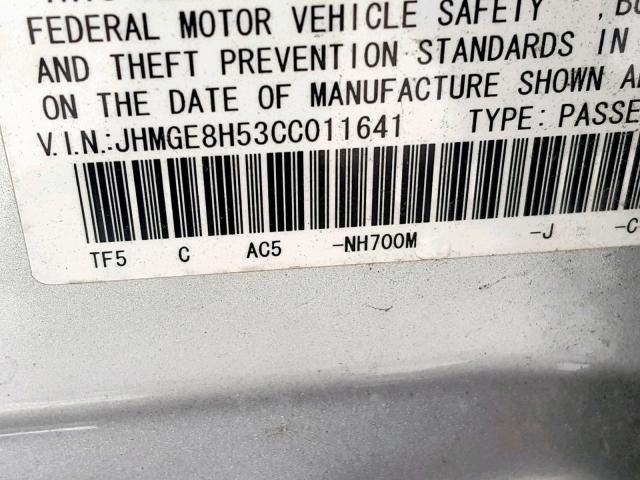 JHMGE8H53CC011641 - 2012 HONDA FIT SPORT SILVER photo 10