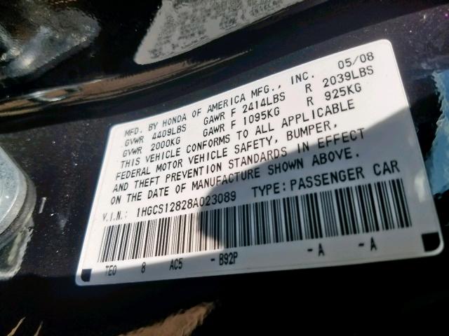 1HGCS12828A023089 - 2008 HONDA ACCORD EXL BLACK photo 10