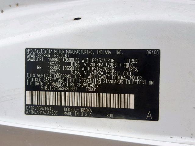 5TBJT32156S480991 - 2006 TOYOTA TUNDRA WHITE photo 10