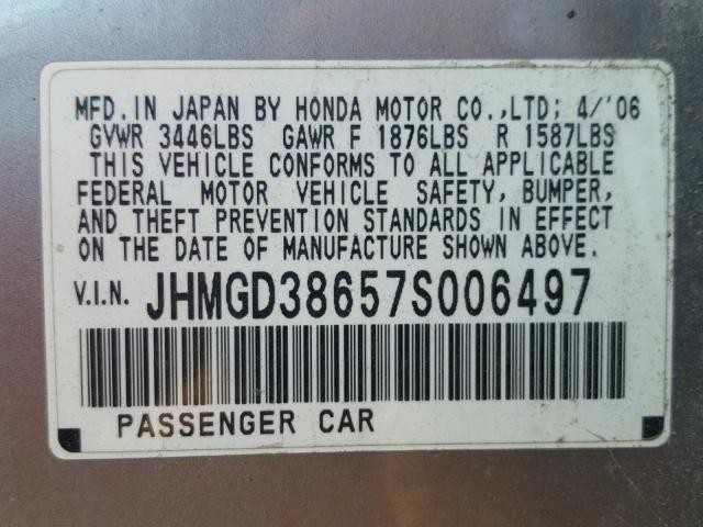 JHMGD38657S006497 - 2007 HONDA FIT S SILVER photo 10