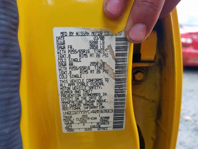 1N6ED27Y9YC409283 - 2000 NISSAN FRONTIER C YELLOW photo 10