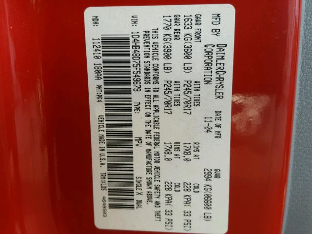 1D4HB48D75F549679 - 2005 DODGE DURANGO SL RED photo 10