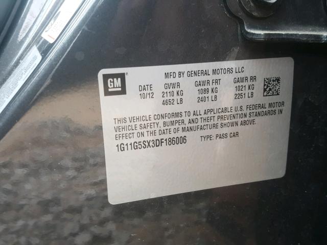 1G11G5SX3DF186006 - 2013 CHEVROLET MALIBU 3LT შავი ფოტო 10