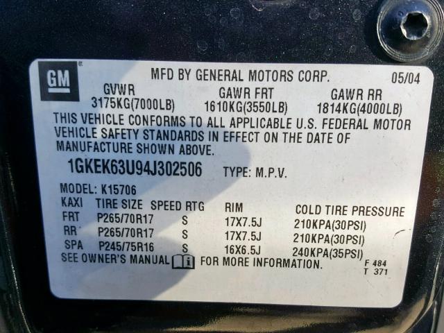 1GKEK63U94J302506 - 2004 GMC YUKON DENA CHARCOAL photo 10