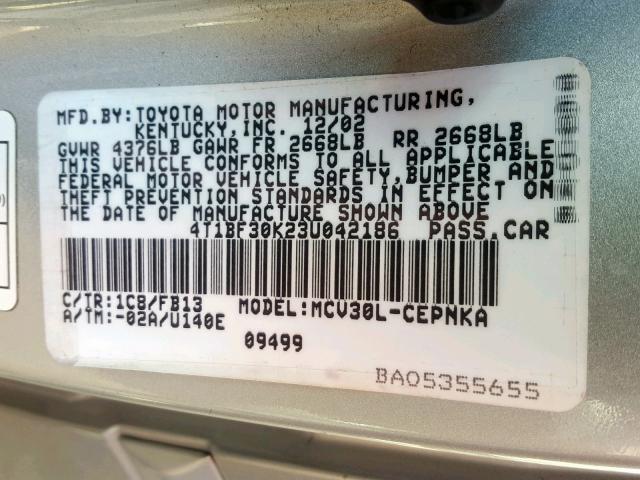 4T1BF30K23U042186 - 2003 TOYOTA CAMRY LE SILVER photo 10