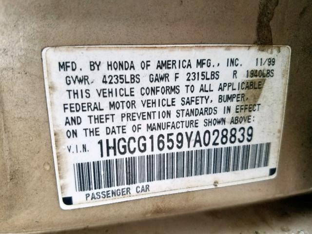 1HGCG1659YA028839 - 2000 HONDA ACCORD EX GOLD photo 10