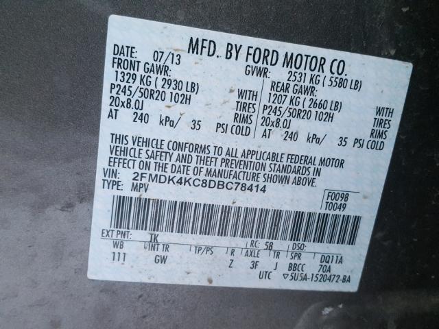 2FMDK4KC8DBC78414 - 2013 FORD EDGE LIMIT GRAY photo 10