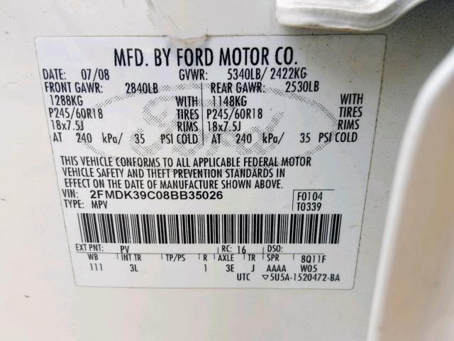 2FMDK39C08BB35026 - 2008 FORD EDGE LIMIT WHITE photo 10