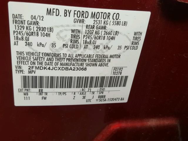 2FMDK4JCXDBA23068 - 2013 FORD EDGE SEL MAROON photo 10