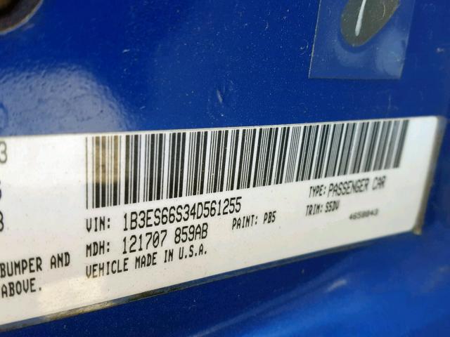 1B3ES66S34D561255 - 2004 DODGE NEON SRT-4 BLUE photo 10