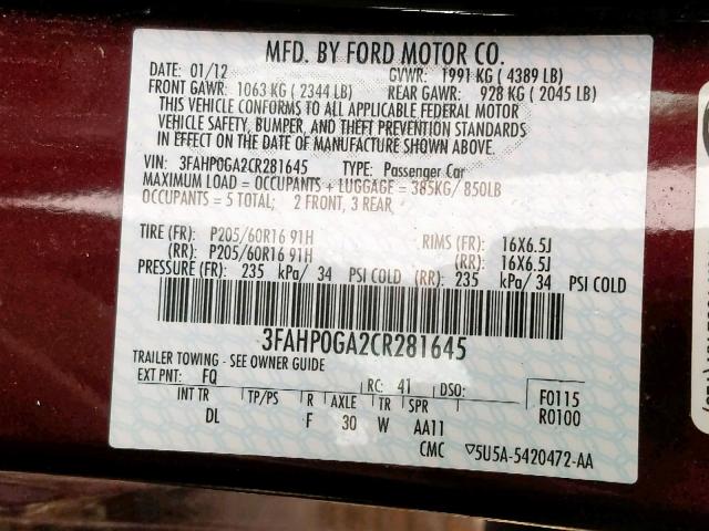 3FAHP0GA2CR281645 - 2012 FORD FUSION S BURGUNDY photo 10