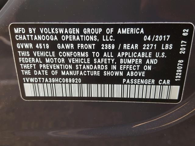 1VWDT7A39HC069920 - 2017 VOLKSWAGEN PASSAT R-L CHARCOAL photo 10