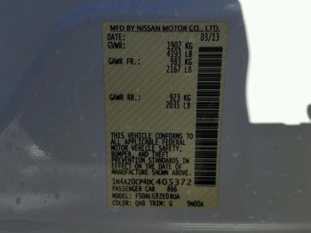 1N4AZ0CP4DC405372 - 2013 NISSAN LEAF S WHITE photo 10