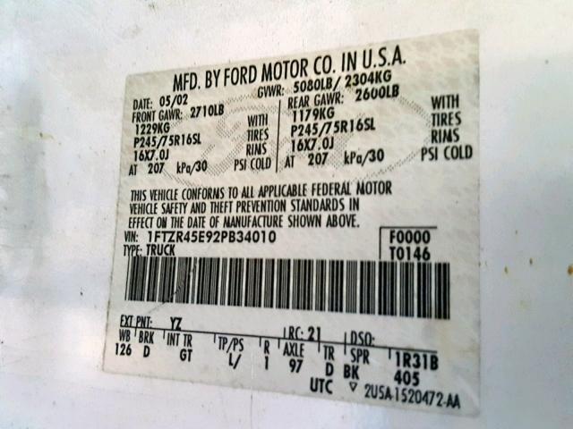 1FTZR45E92PB34010 - 2002 FORD RANGER SUP WHITE photo 10