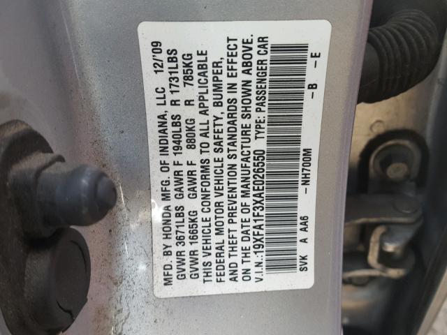 19XFA1F3XAE026550 - 2010 HONDA CIVIC VP SILVER photo 10