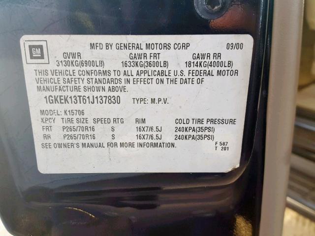 1GKEK13T61J137830 - 2001 GMC YUKON BLACK photo 10