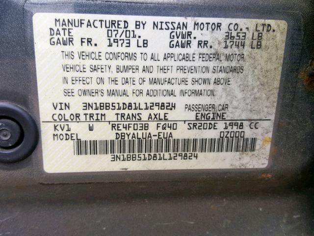 3N1BB51D81L129824 - 2001 NISSAN SENTRA SE GRAY photo 10