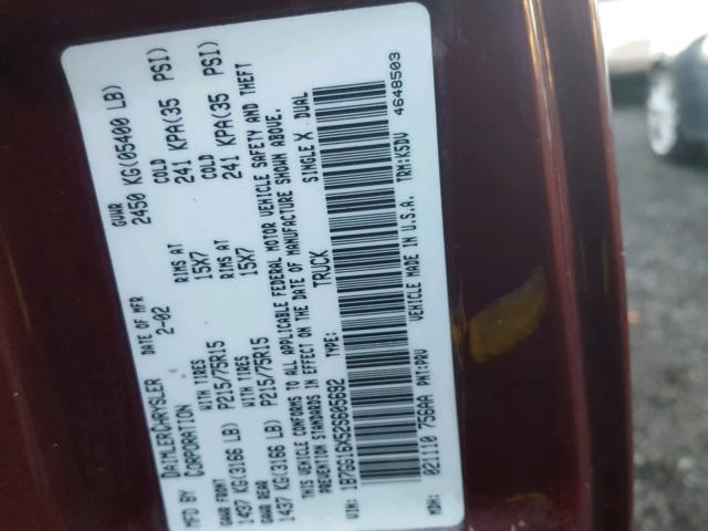 1B7GG16X52S605692 - 2002 DODGE DAKOTA BAS BURGUNDY photo 10