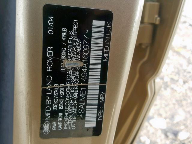 SALME11494A160977 - 2004 LAND ROVER RANGE ROVE GOLD photo 10