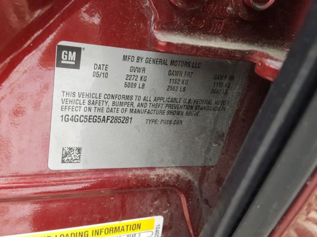 1G4GC5EG5AF285281 - 2010 BUICK LACROSSE C RED photo 10