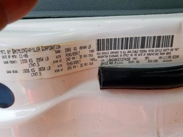 1J8HG48K67C574356 - 2007 JEEP COMMANDER თეთრი ფოტო 10