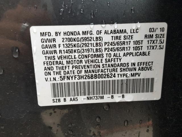 5FNYF3H26BB002624 - 2011 HONDA PILOT LX GRAY photo 10