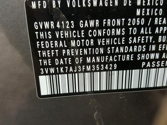 3VW1K7AJ3FM353429 - 2015 VOLKSWAGEN JETTA BASE 灰色 照片 10