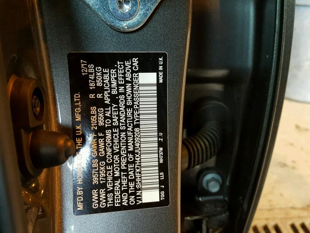 SHHFK7H4XJU409208 - 2018 HONDA CIVIC SPOR GRAY photo 10