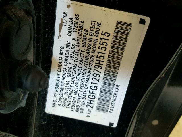 2HGFG12979H515515 - 2009 HONDA CIVIC EXL BLACK photo 10