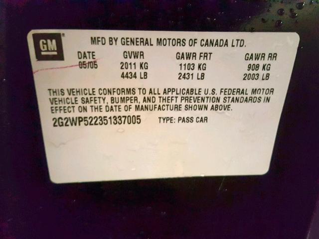 2G2WP522351337005 - 2005 PONTIAC GRAND PRIX Қара фото 10