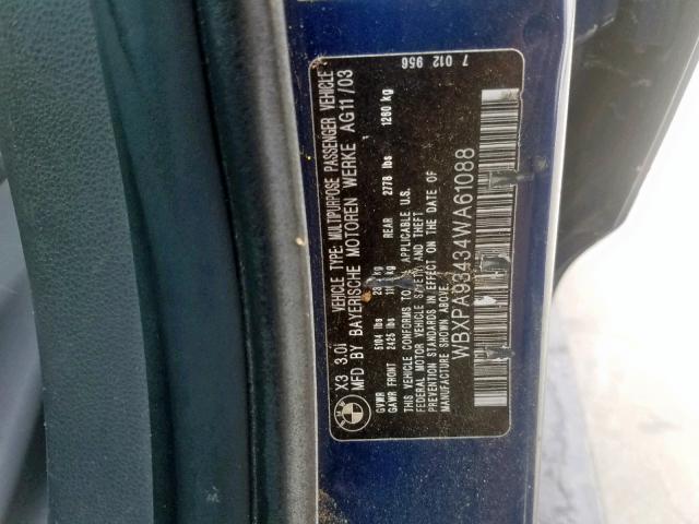 WBXPA93434WA61088 - 2004 BMW X3 3.0I BLUE photo 10