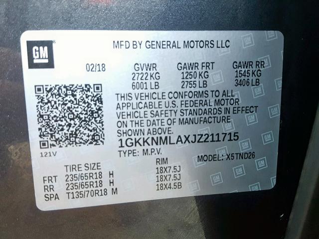 1GKKNMLAXJZ211715 - 2018 GMC ACADIA SLT 灰色 照片 10