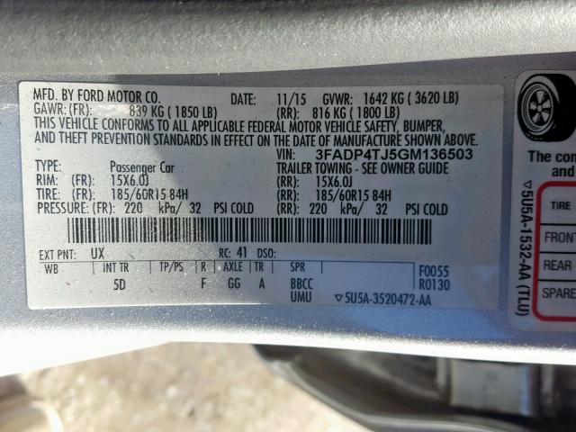 3FADP4TJ5GM136503 - 2016 FORD FIESTA S SILVER photo 10