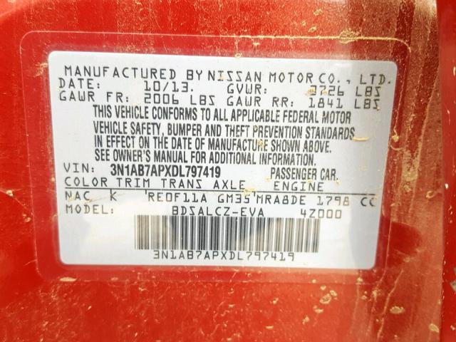 3N1AB7APXDL797419 - 2013 NISSAN SENTRA S RED photo 10