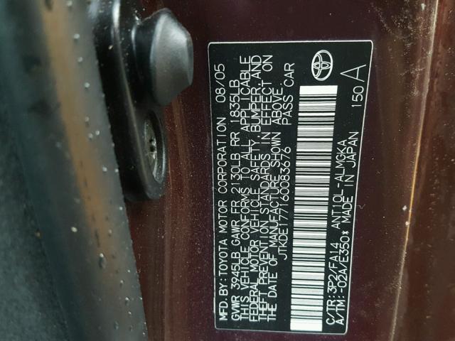 JTKDE177160083676 - 2006 TOYOTA SCION TC ბურგუნდია ფოტო 10