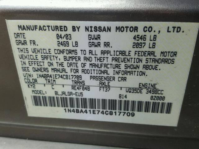 1N4BA41E74C817709 - 2004 NISSAN MAXIMA SE GOLD photo 10