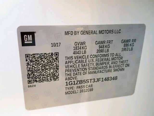 1G1ZB5ST3JF148348 - 2018 CHEVROLET MALIBU LS 白色 照片 10