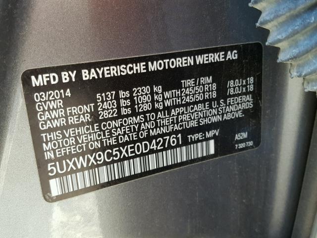 5UXWX9C5XE0D42761 - 2014 BMW X3 XDRIVE2 GRAY photo 10