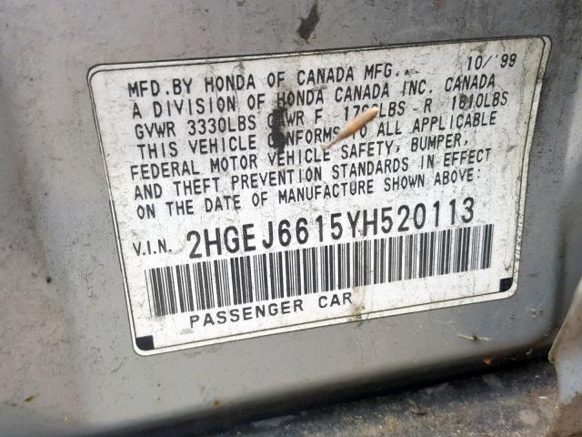 2HGEJ6615YH520113 - 2000 HONDA CIVIC BASE SILVER photo 10