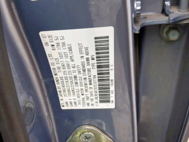 JHLRE48787C107794 - 2007 HONDA CR-V EXL BLUE photo 10