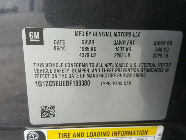 1G1ZC5EU0BF180080 - 2011 CHEVROLET MALIBU 1LT GRAY photo 10
