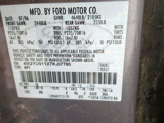 4M2YU911X7KJ07780 - 2007 MERCURY MARINER LU GRAY photo 10