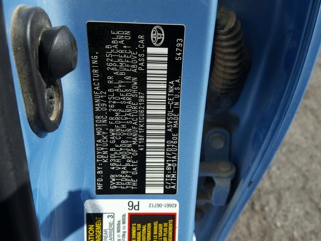 4T1BF1FK1CU621987 - 2012 TOYOTA CAMRY BASE BLUE photo 10